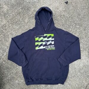Vtg Billabong Mens Medium Navy Blue Pullover Hoodie Lime Green Wave Graphic Surf
